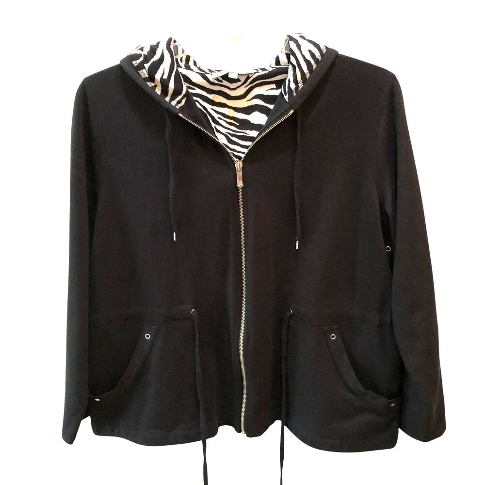 Jones New York Sport Womens 2X Black Full Zip Hoodie Zebra Lined Cotton Jacket